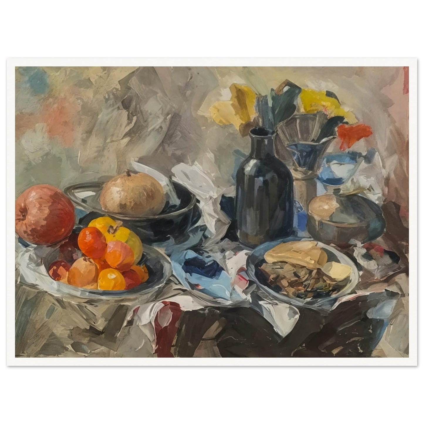 A rustic still life painting featuring a variety of fruits, a dark bottle, and scattered tableware on a draped table.