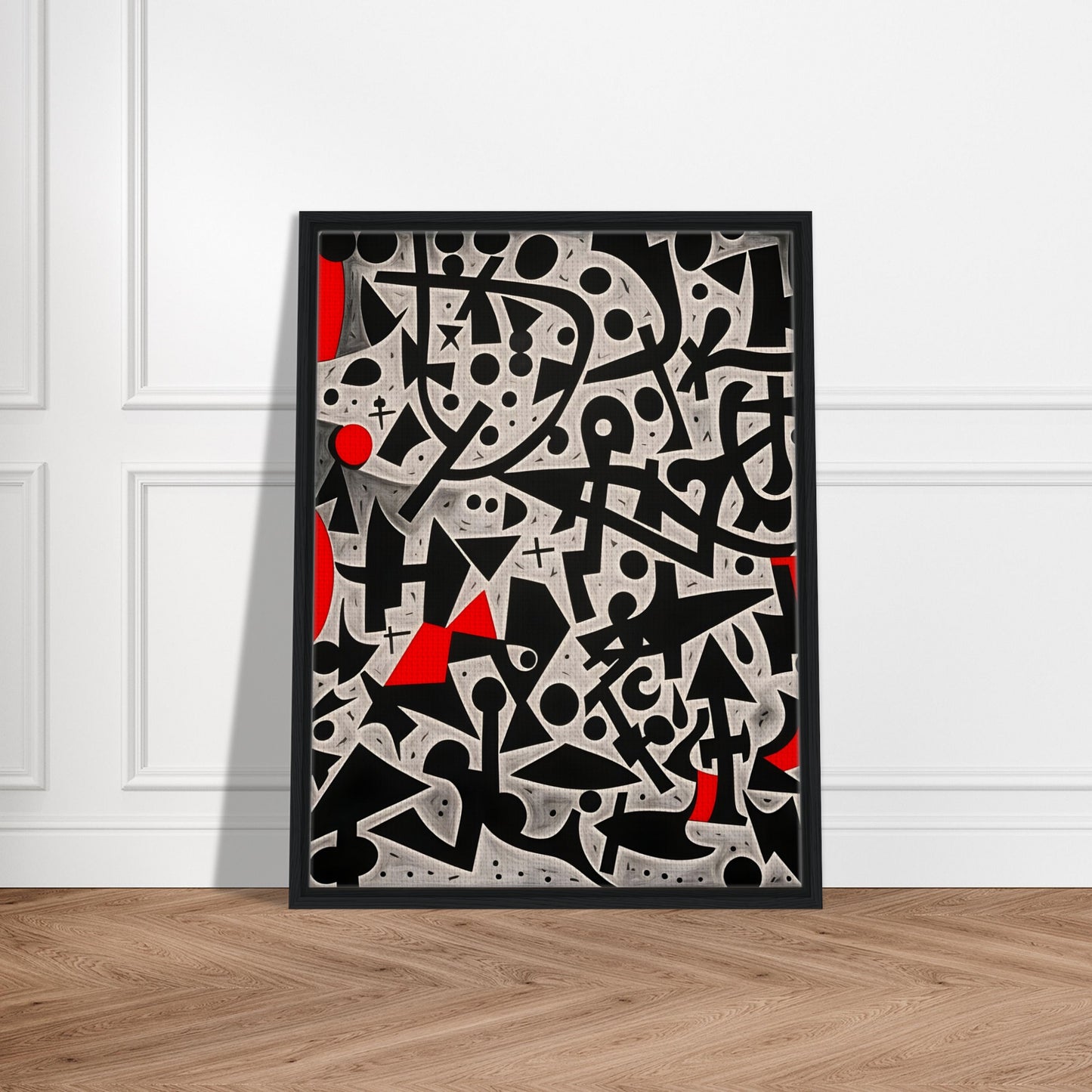 A bold geometric composition featuring black and white abstract symbols, circles, and lines, accented with striking red shapes.