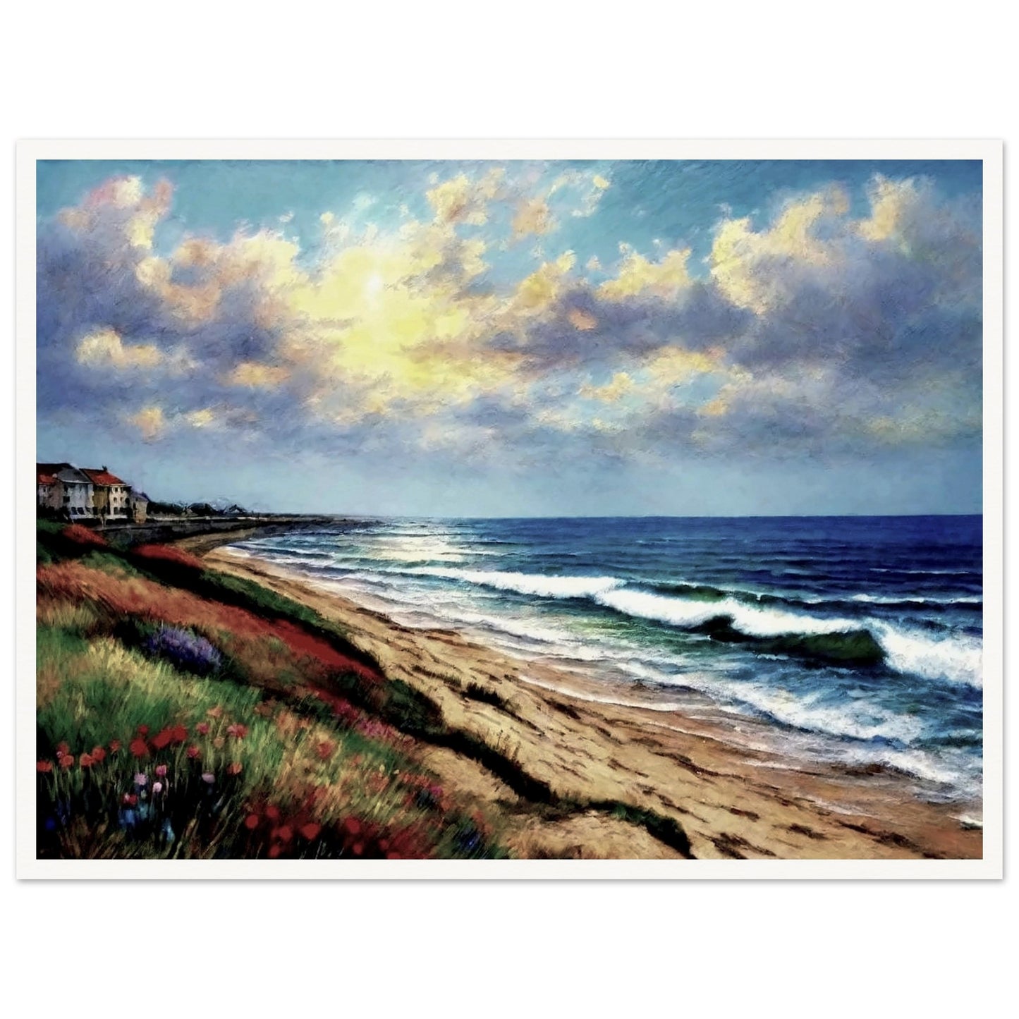 A serene painting of a beach at sunset, with gentle waves rolling onto the sand, vibrant grasses, and houses along the distant coastline.