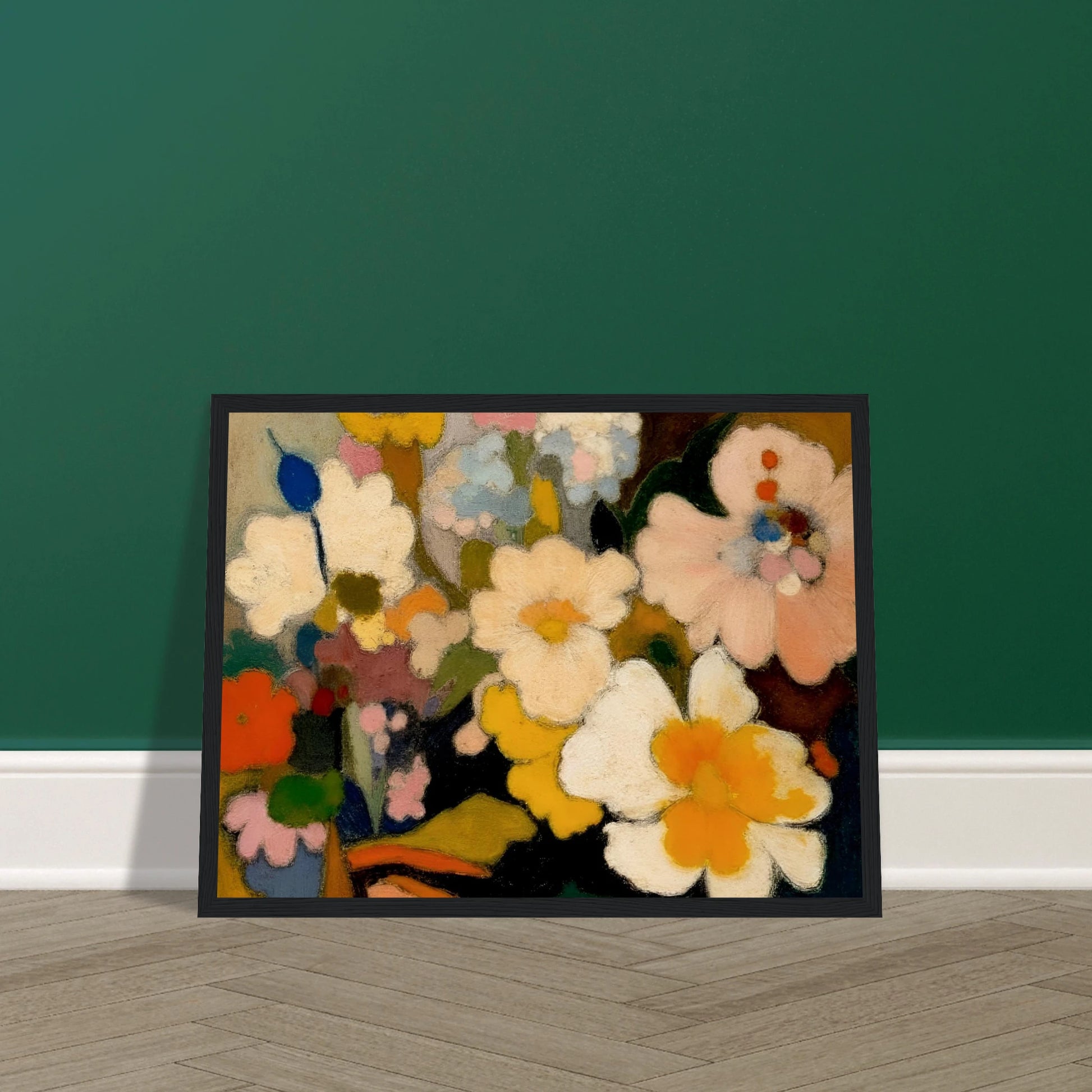 Soft floral forms in cream, yellow, pink, and blue gather in a dreamy bouquet filled with warmth and charm.