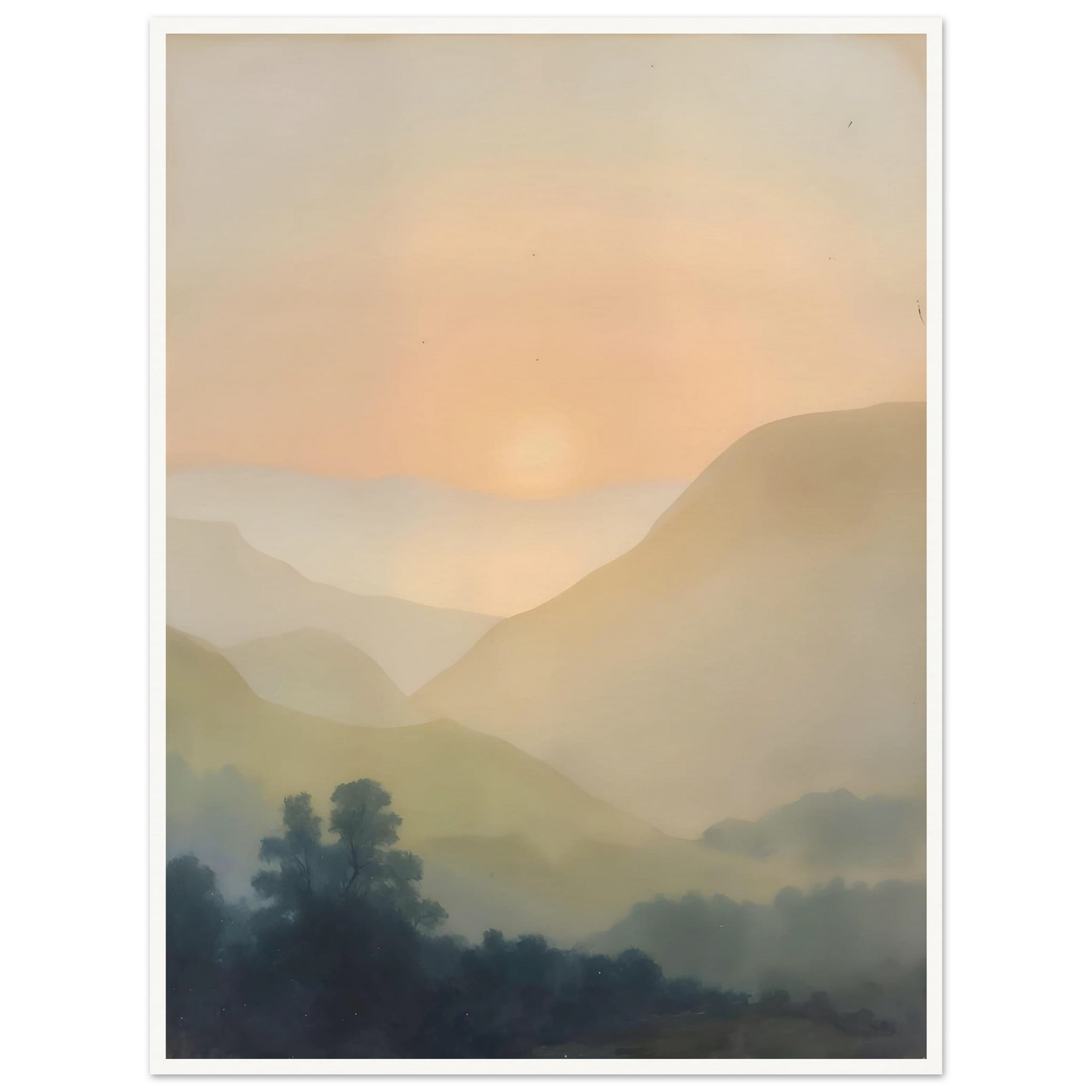 Soft sunrise glows over misty layered hills and dark trees in a quiet pastel landscape.