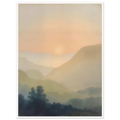 Soft sunrise glows over misty layered hills and dark trees in a quiet pastel landscape.