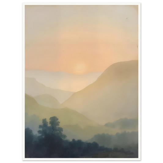 Soft sunrise glows over misty layered hills and dark trees in a quiet pastel landscape.
