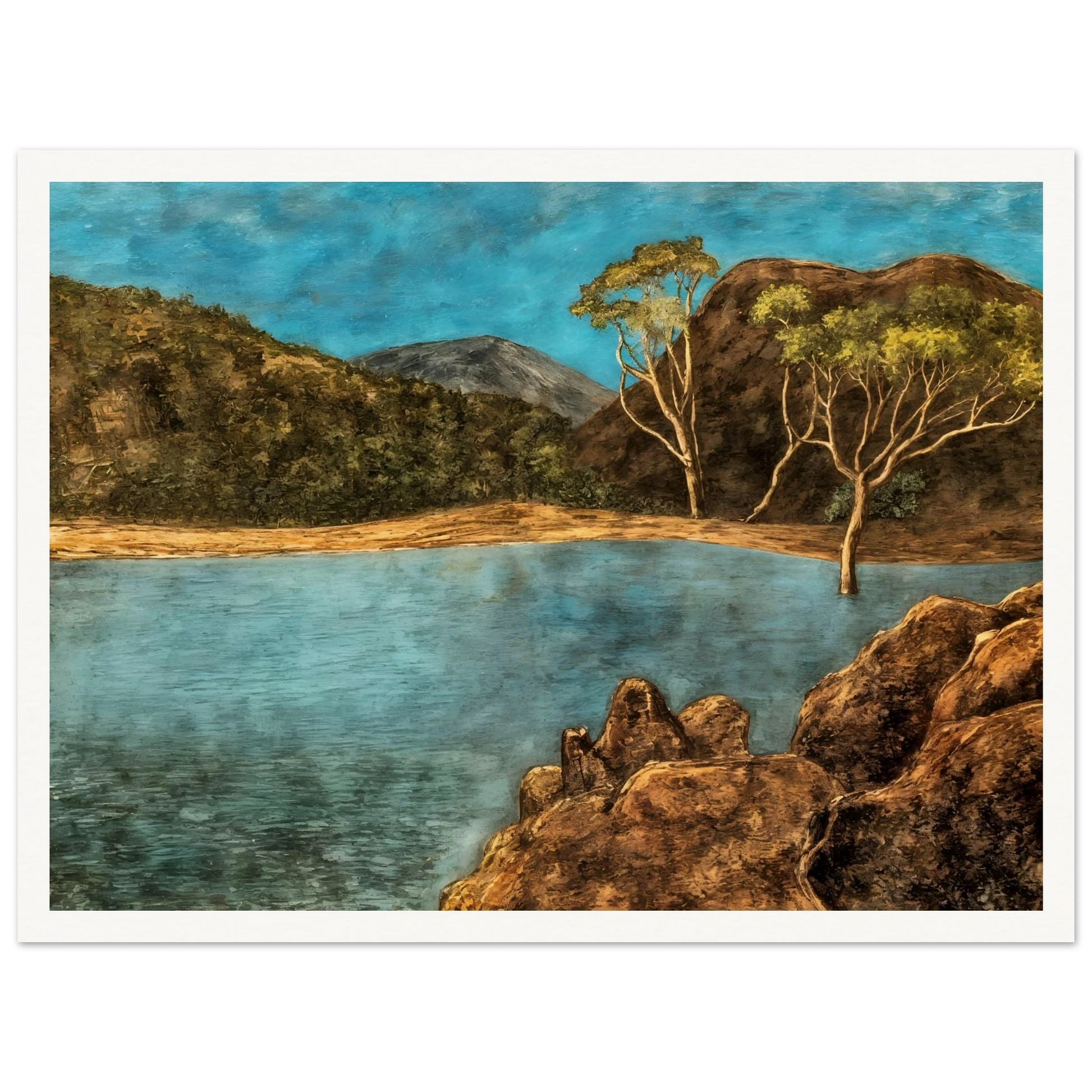 Blue lake with rocky shore, brown hills, slender trees, and turquoise sky in a quiet landscape.