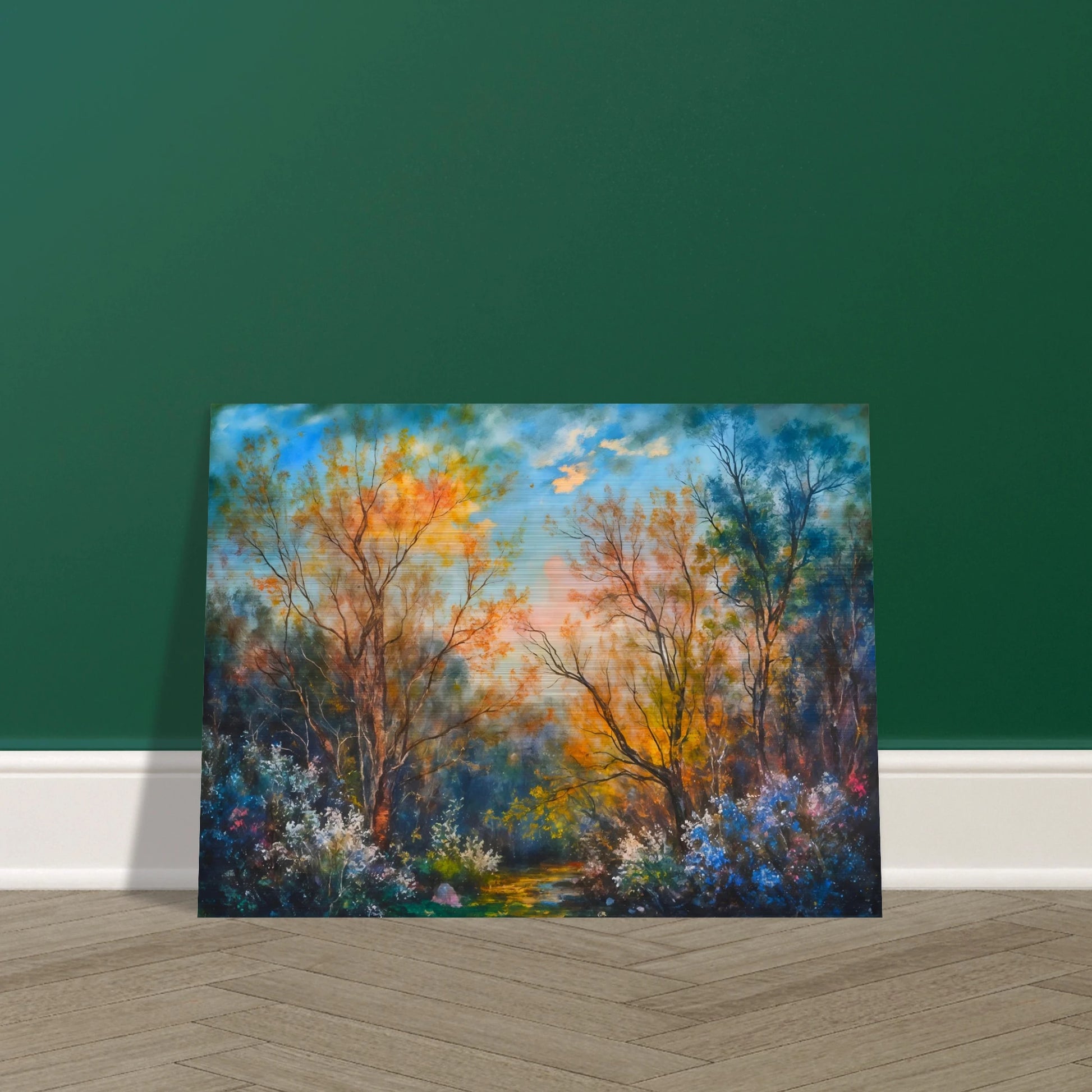 Radiant woodland scene with glowing autumn trees, delicate wildflowers, and a sunlit forest path beneath a vivid blue sky.