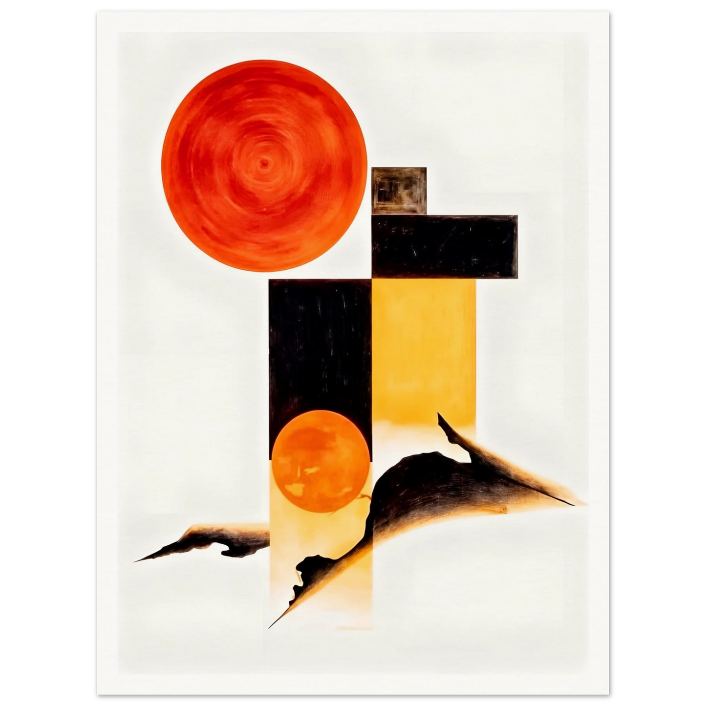 A minimalist abstract composition featuring bold orange circular forms, geometric black and golden rectangles, and flowing dark organic shapes set against a bright white background.