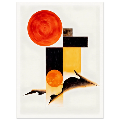 A minimalist abstract composition featuring bold orange circular forms, geometric black and golden rectangles, and flowing dark organic shapes set against a bright white background.