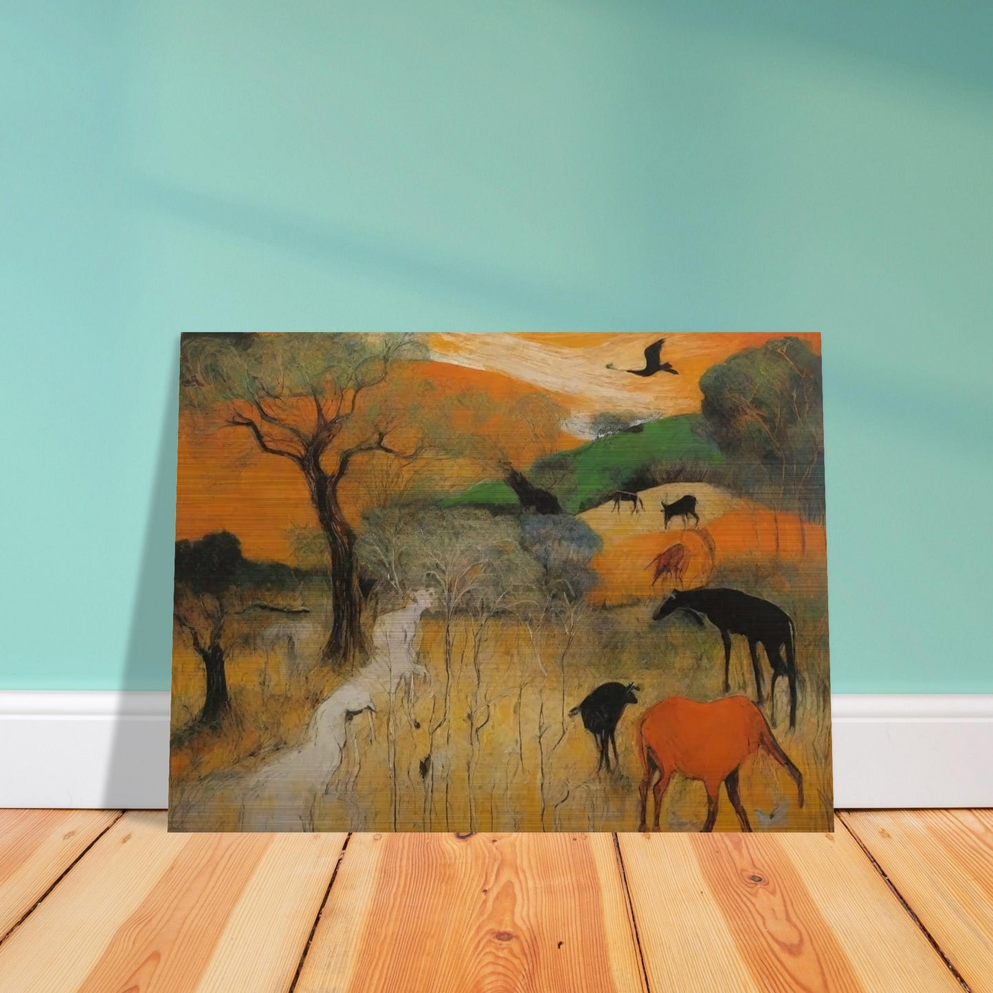 A vivid depiction of various wild animals grazing and roaming in a vibrant, colorful landscape with trees and open fields.