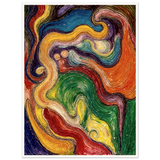 Lively spiral strokes in red, green, yellow, and blue twist and merge, forming a textured, flowing visual dialogue.