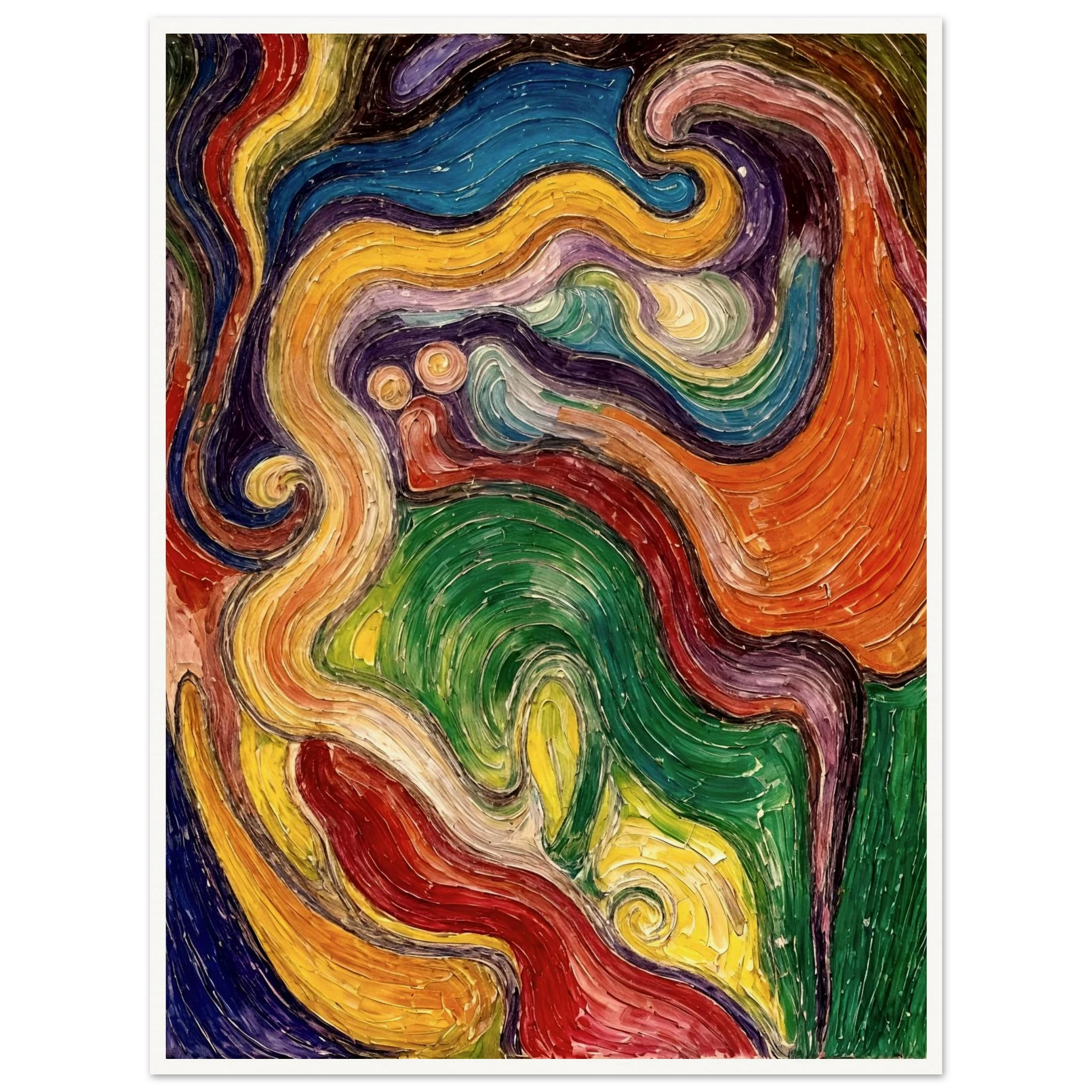Lively spiral strokes in red, green, yellow, and blue twist and merge, forming a textured, flowing visual dialogue.