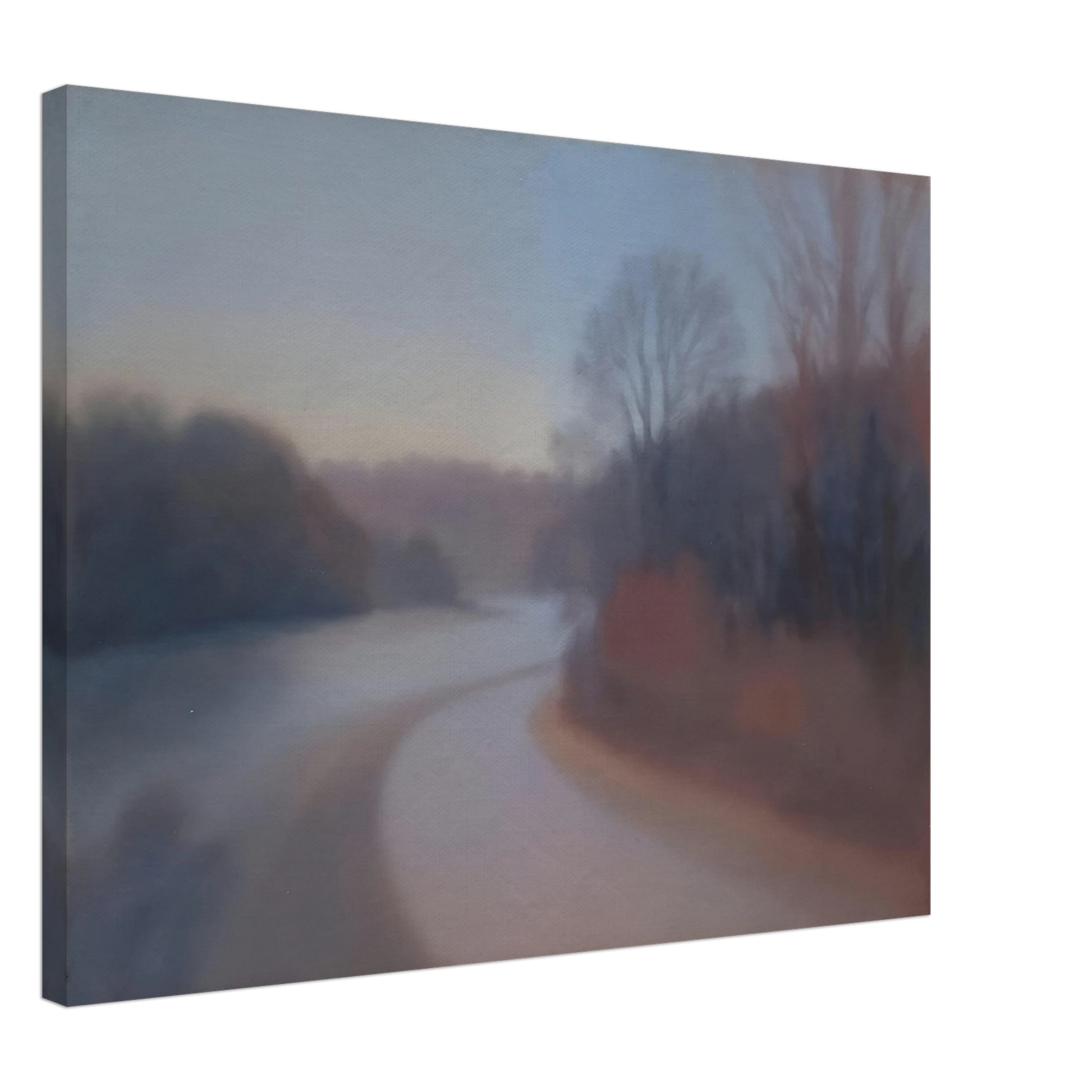 A soft river curves through misty woodlands at dusk, with blurred trees fading into gentle blue and mauve tones.