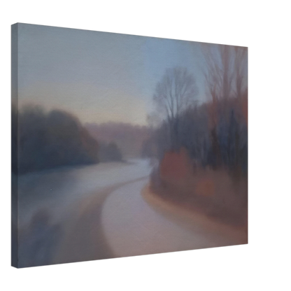 A soft river curves through misty woodlands at dusk, with blurred trees fading into gentle blue and mauve tones.