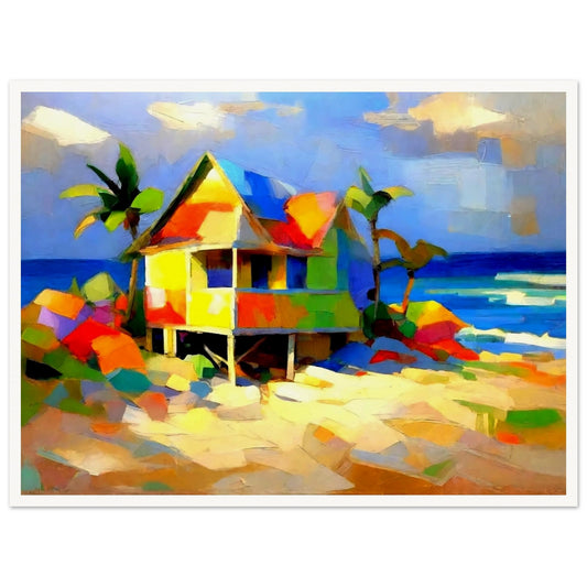 A colorful and lively painting of a beach house with bright blocks of color, set against a backdrop of palm trees and the ocean on a sunny day.