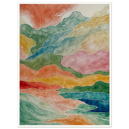 Abstract watercolor painting depicting fluid, layered mountains in a spectrum of colors, creating a sense of natural movement.