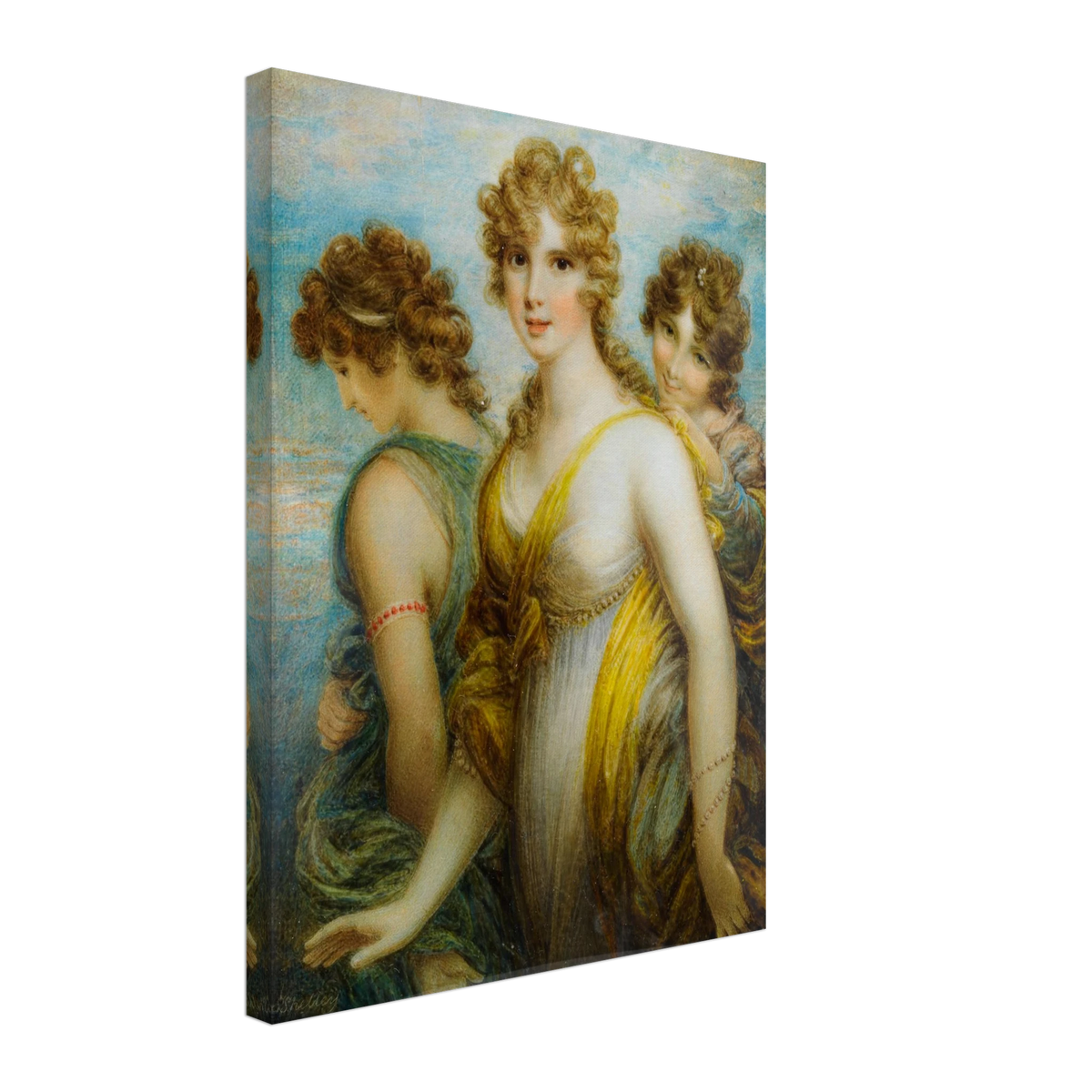Three classical women in flowing drapery pose together against a soft blue sky.