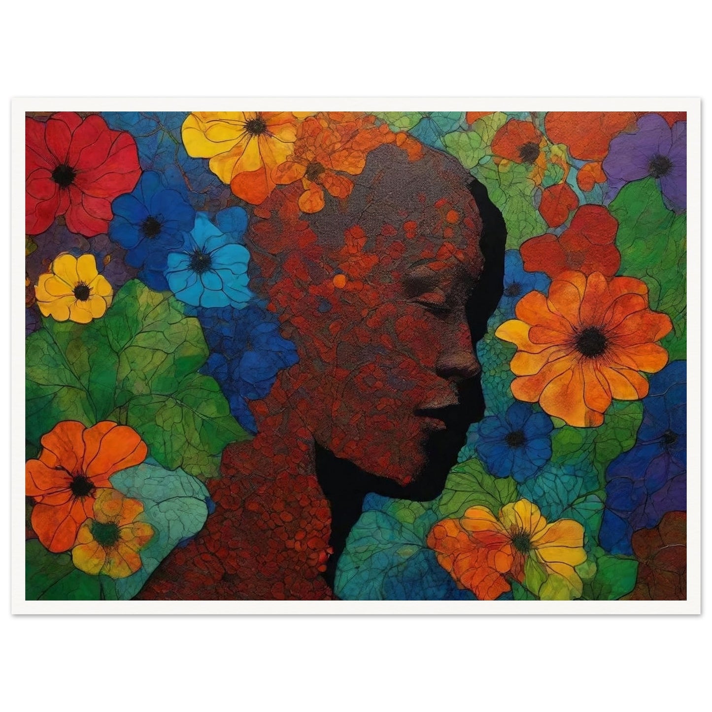 "A colorful and intricate painting of a silhouetted face surrounded by vivid red, blue, yellow, and orange flowers, blending nature with human form."