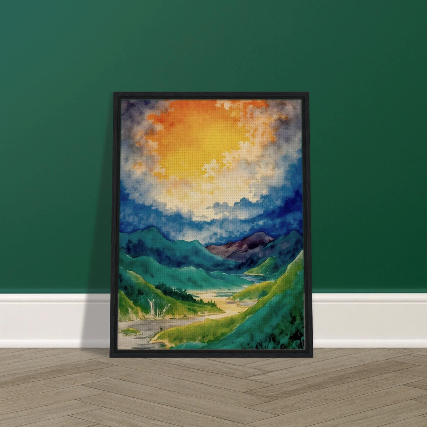 A vibrant watercolor landscape featuring rolling green mountains, a winding river valley, and a dramatic golden glow breaking through deep blue clouds overhead.