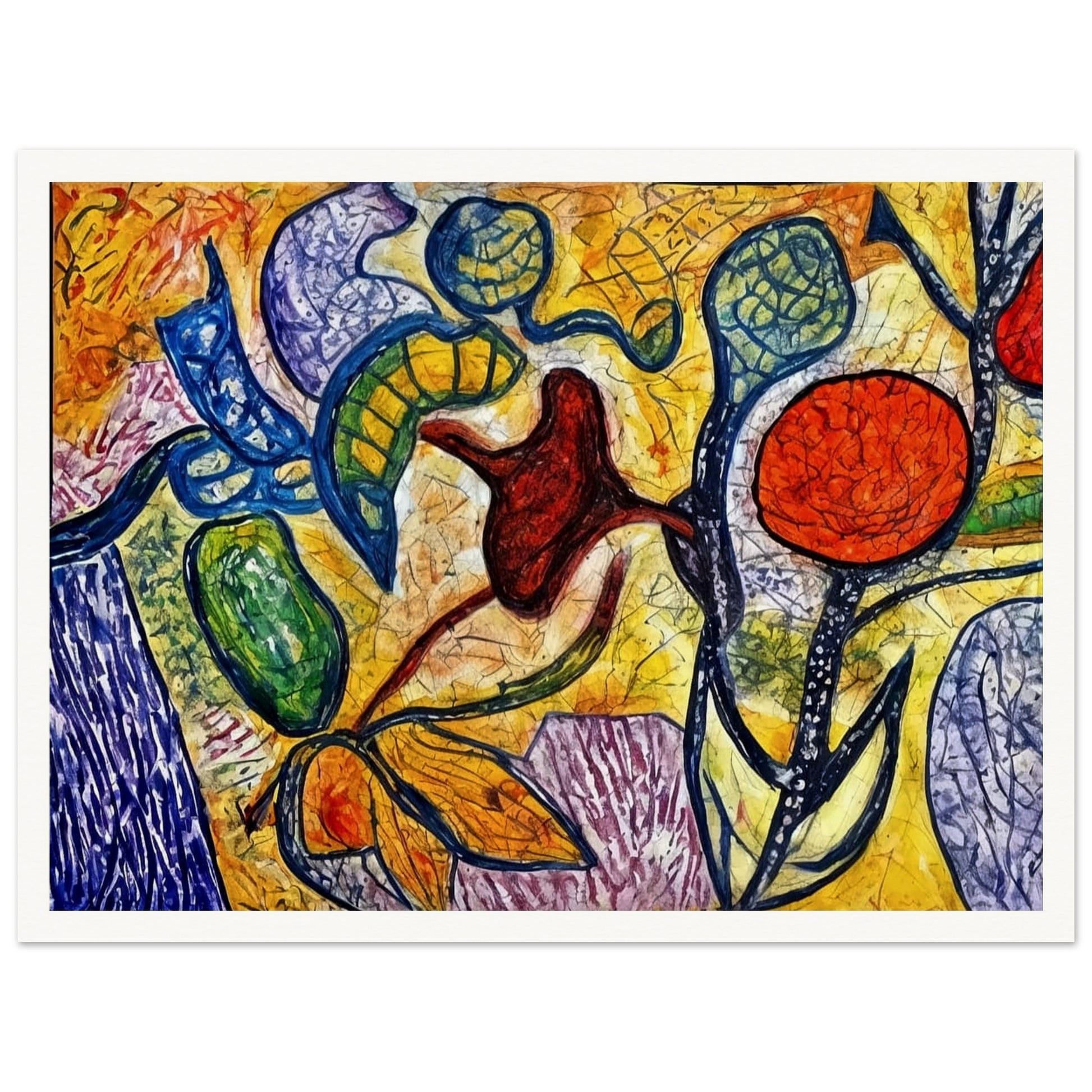 A colorful abstract painting featuring bold outlines of plants, fruits, and leaves in vibrant reds, yellows, blues, and greens