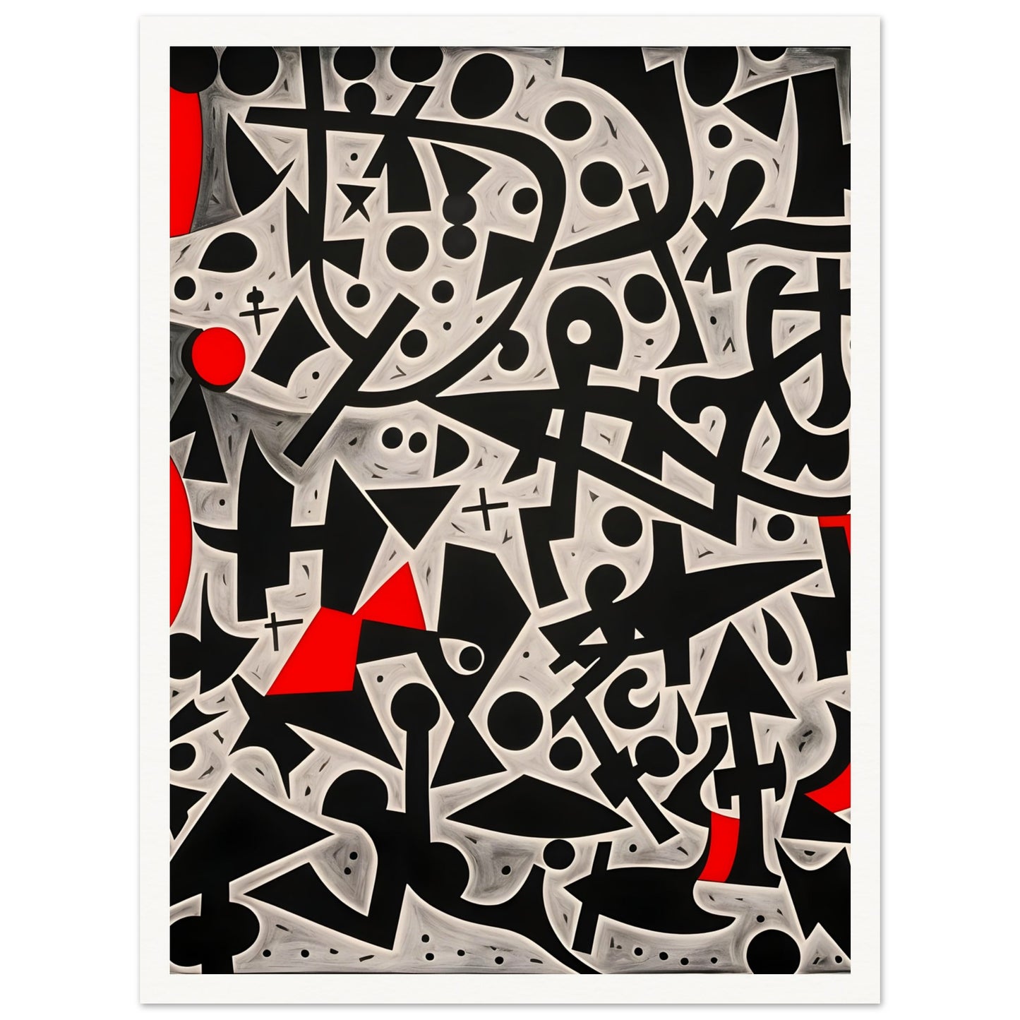 A bold geometric composition featuring black and white abstract symbols, circles, and lines, accented with striking red shapes.