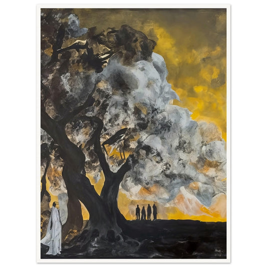 A haunting painting depicting a dramatic scene at dusk, where towering trees with dark, twisted branches are illuminated by a golden sky. Silhouetted figures stand in the background, adding an air of mystery, while a solitary figure in white appears in the foreground, partially hidden by the trees