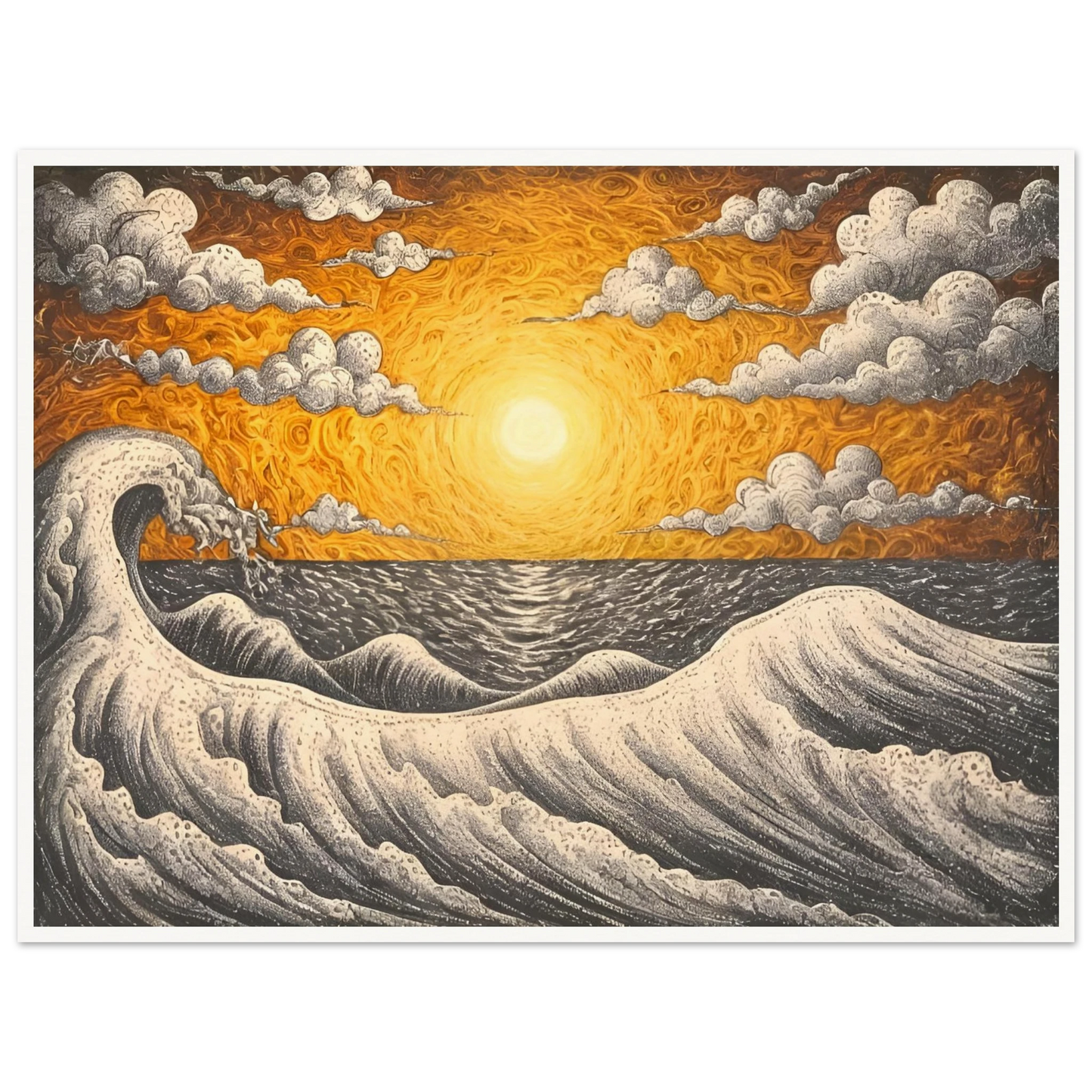 Fiery orange sunset over turbulent black-and-white waves with swirling clouds in a textured seascape.