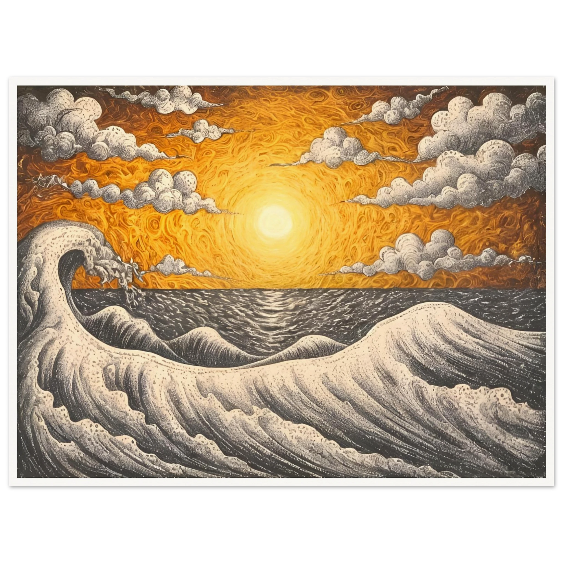 Fiery orange sunset over turbulent black-and-white waves with swirling clouds in a textured seascape.