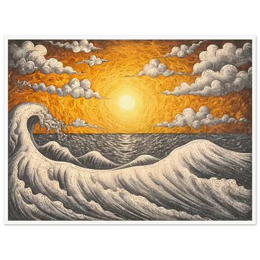 Fiery orange sunset over turbulent black-and-white waves with swirling clouds in a textured seascape.