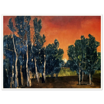 Painting of tall trees silhouetted against a vivid crimson and orange sunset, with deep green foliage and earthy tones.