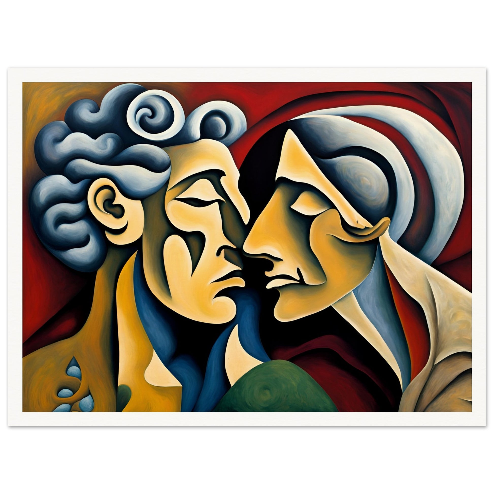 A captivating expressionist painting of two faces nearly touching, their forms blending in warm tones against a rich red background.