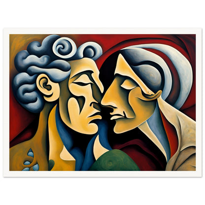 A captivating expressionist painting of two faces nearly touching, their forms blending in warm tones against a rich red background.