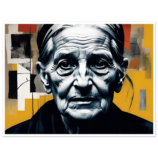 A striking black-and-white portrait of an elderly woman with deep wrinkles, set against an abstract yellow and black geometric background.