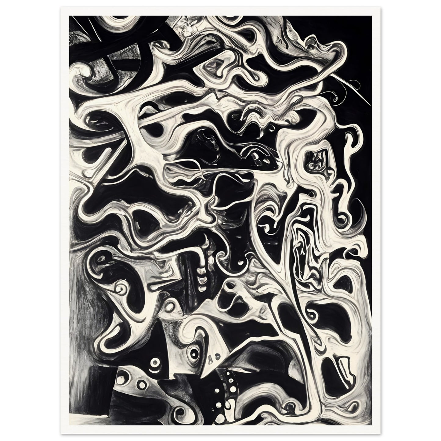 A mesmerizing black and white fluid composition, intertwining abstract faces and swirling patterns, evoking mystery and depth.