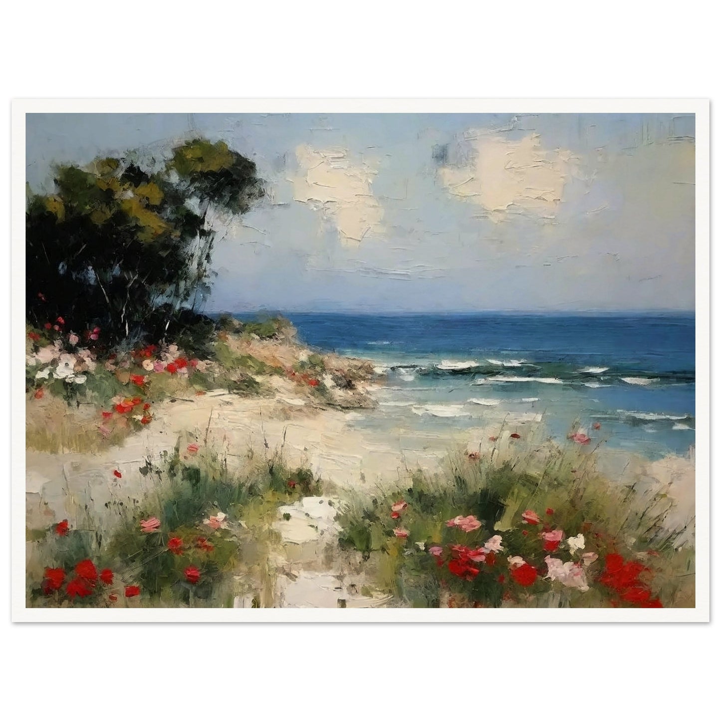 A picturesque painting of a serene beach with vibrant flowers in the foreground and calm ocean waves under a partly cloudy sky.