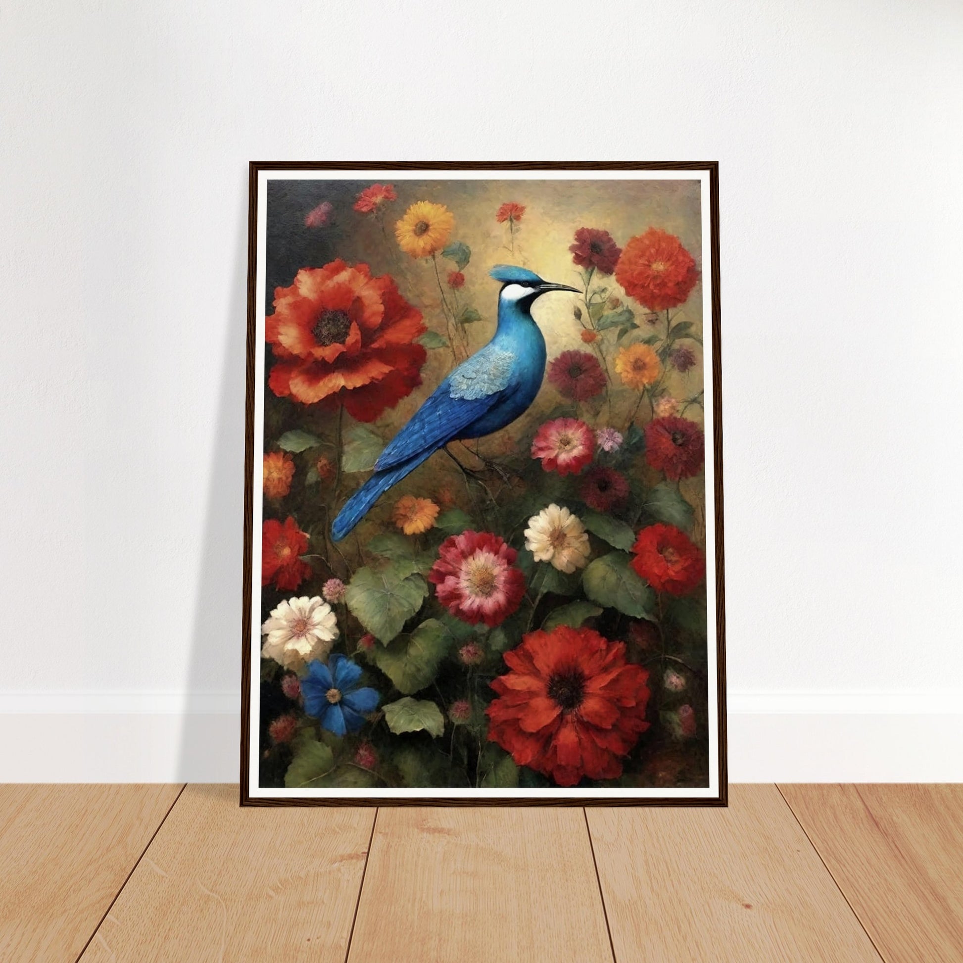 "A vibrant painting of a blue bird perched among blooming flowers in red, orange, and pink hues, set against a soft, warm background."