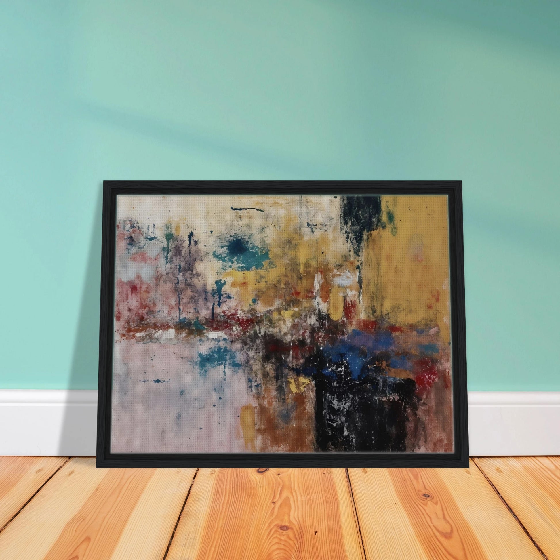 Layered ochre, teal, black, and red marks create a weathered textured composition.