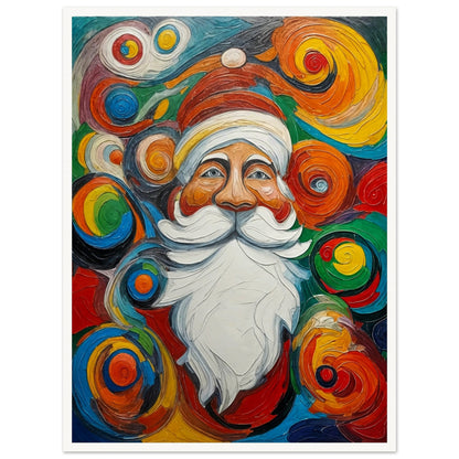 A vibrant and whimsical painting of Santa Claus surrounded by colorful swirling patterns, evoking a cheerful holiday spirit.