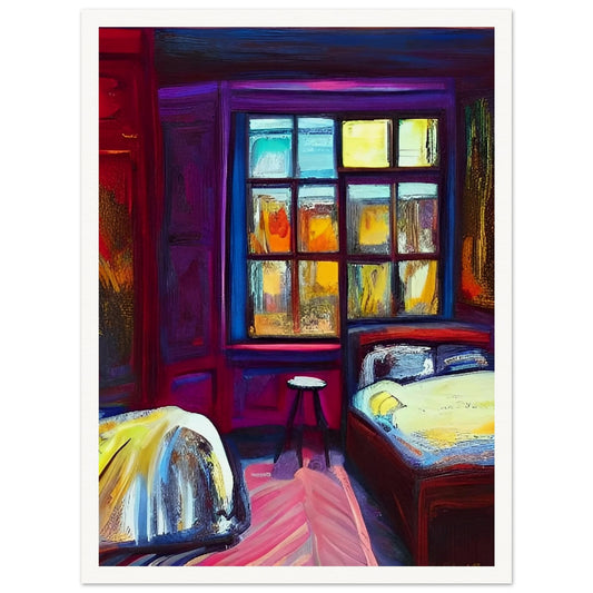 A vibrant painting of a bedroom illuminated by the warm glow of the evening light coming through a large window, casting colorful reflections on the walls and furniture