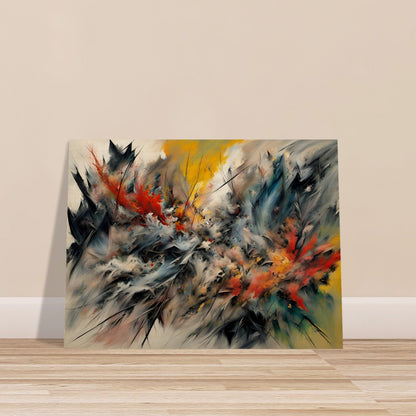 A striking painting with energetic brushstrokes of fiery red, deep blue, and golden yellow, resembling an intense natural explosion.