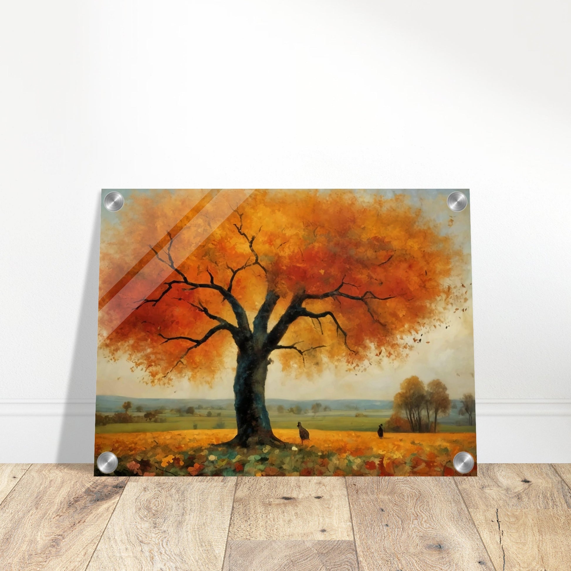 "A breathtaking landscape featuring a large tree with vibrant orange and yellow autumn leaves, set against a tranquil countryside."