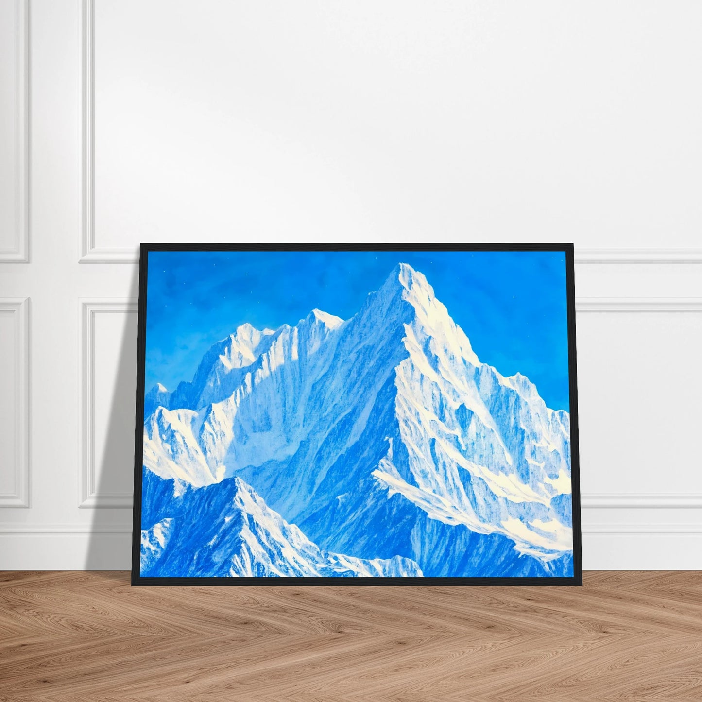 Towering icy mountain peaks glow in brilliant blues and whites beneath a crystal sky, evoking grandeur and stillness.