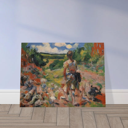 An expressive painting of a shepherd walking with a flock of sheep along a colorful, scenic countryside path.