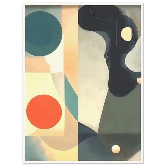 A serene composition featuring flowing shapes, bold circles, and muted tones of teal, orange, and cream, creating a modern abstract design.