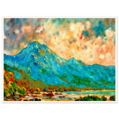 Vivid blue mountain rising above reflective waters beneath a luminous peach and turquoise sky, bursting with expressive color and energy.