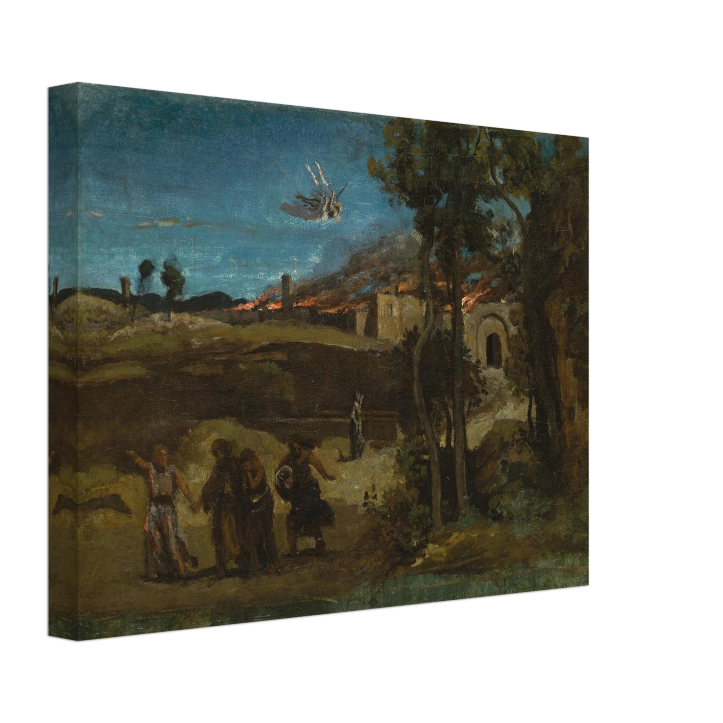 Angel casts fire over Sodom while figures flee through a dark biblical landscape