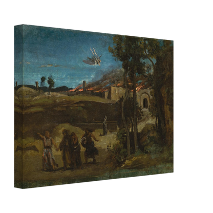 Angel casts fire over Sodom while figures flee through a dark biblical landscape