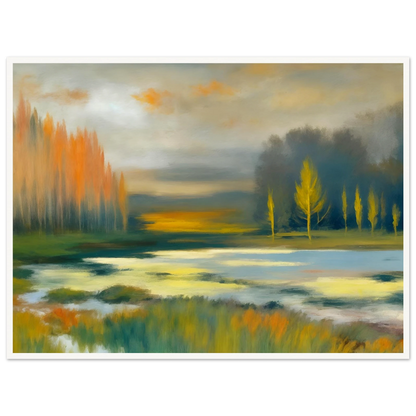 Soft impressionist wetland landscape with glowing golden trees, misty waters, and tranquil reflections beneath a muted autumn sky.