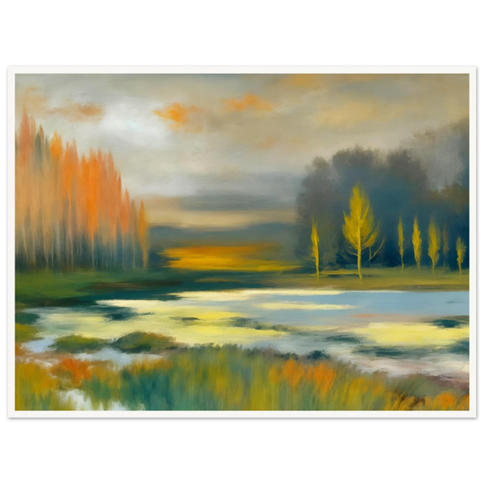 Soft impressionist wetland landscape with glowing golden trees, misty waters, and tranquil reflections beneath a muted autumn sky.