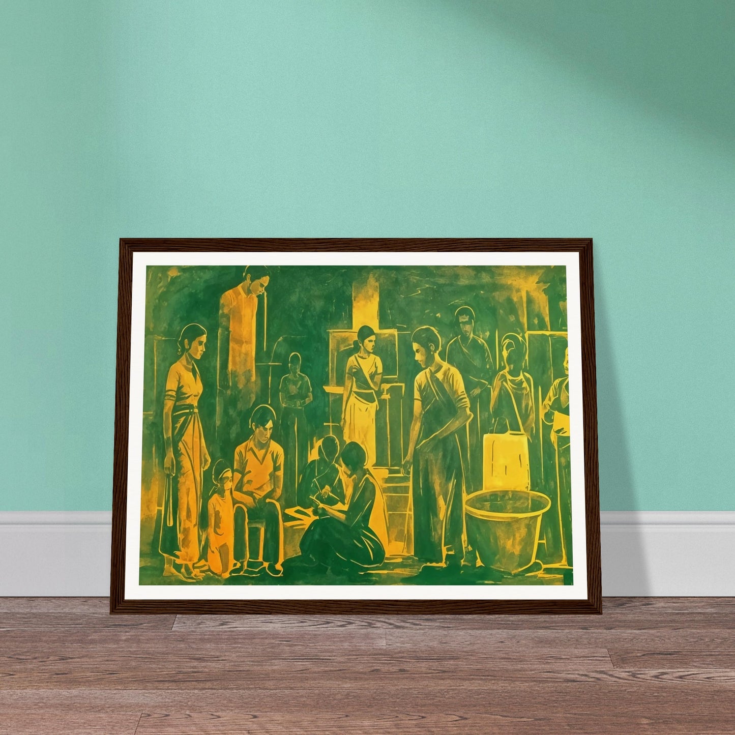 An evocative painting depicting a group of people gathered in a communal space, engaged in various activities. The figures are rendered in warm green and yellow tones, creating a harmonious and unified atmosphere. The scene captures a moment of interaction and shared experience, with each character absorbed in their own task, yet connected to the collective setting. The composition is filled with a sense of quiet strength and unity, highlighting the bonds within the community.