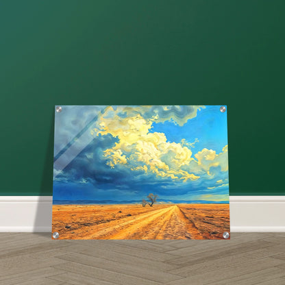 A golden dirt road stretches through an open desert under swirling clouds of blue and gold, evoking strength and solitude.