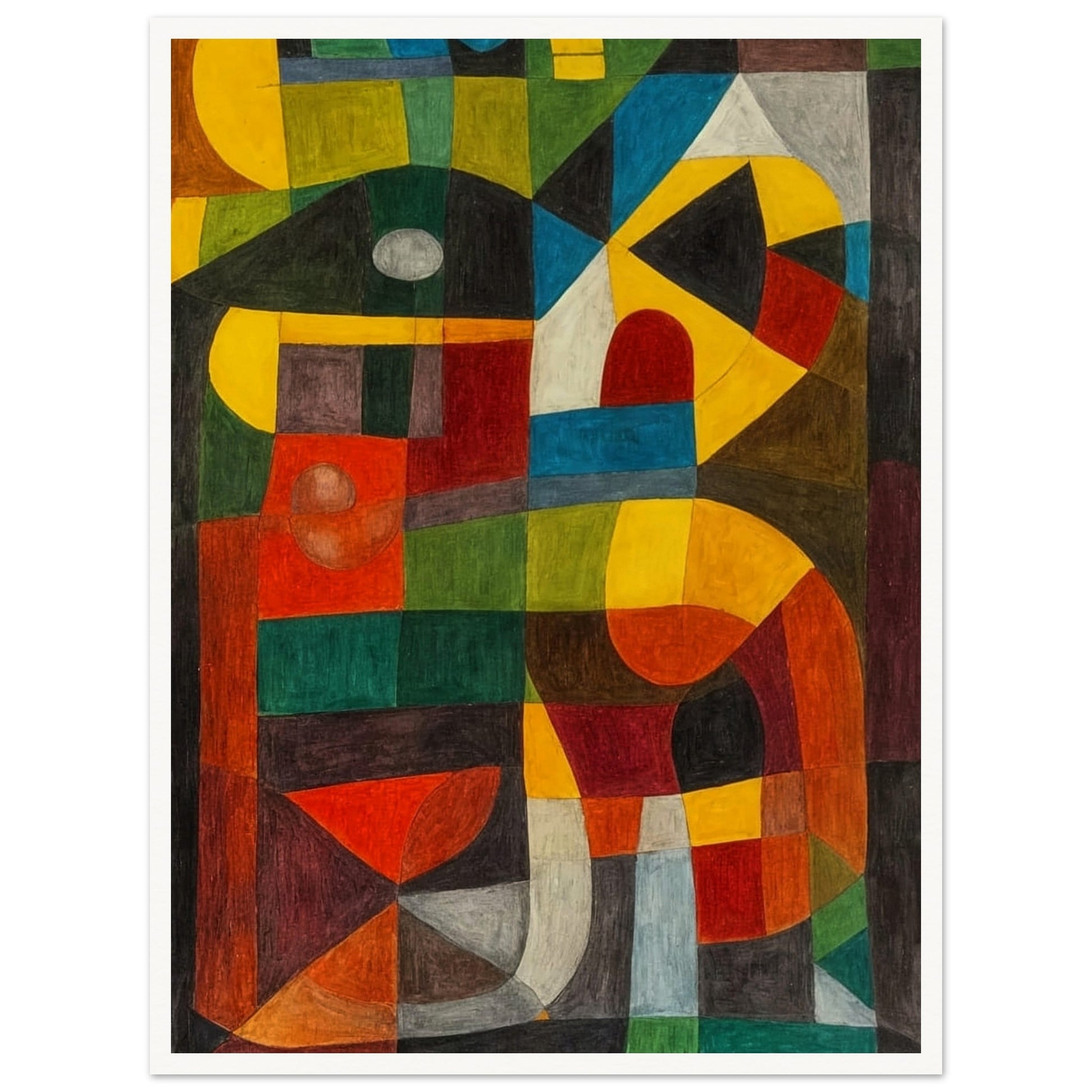 An abstract painting with bold geometric shapes and a mix of vibrant colors, creating a sense of dynamic symmetry.